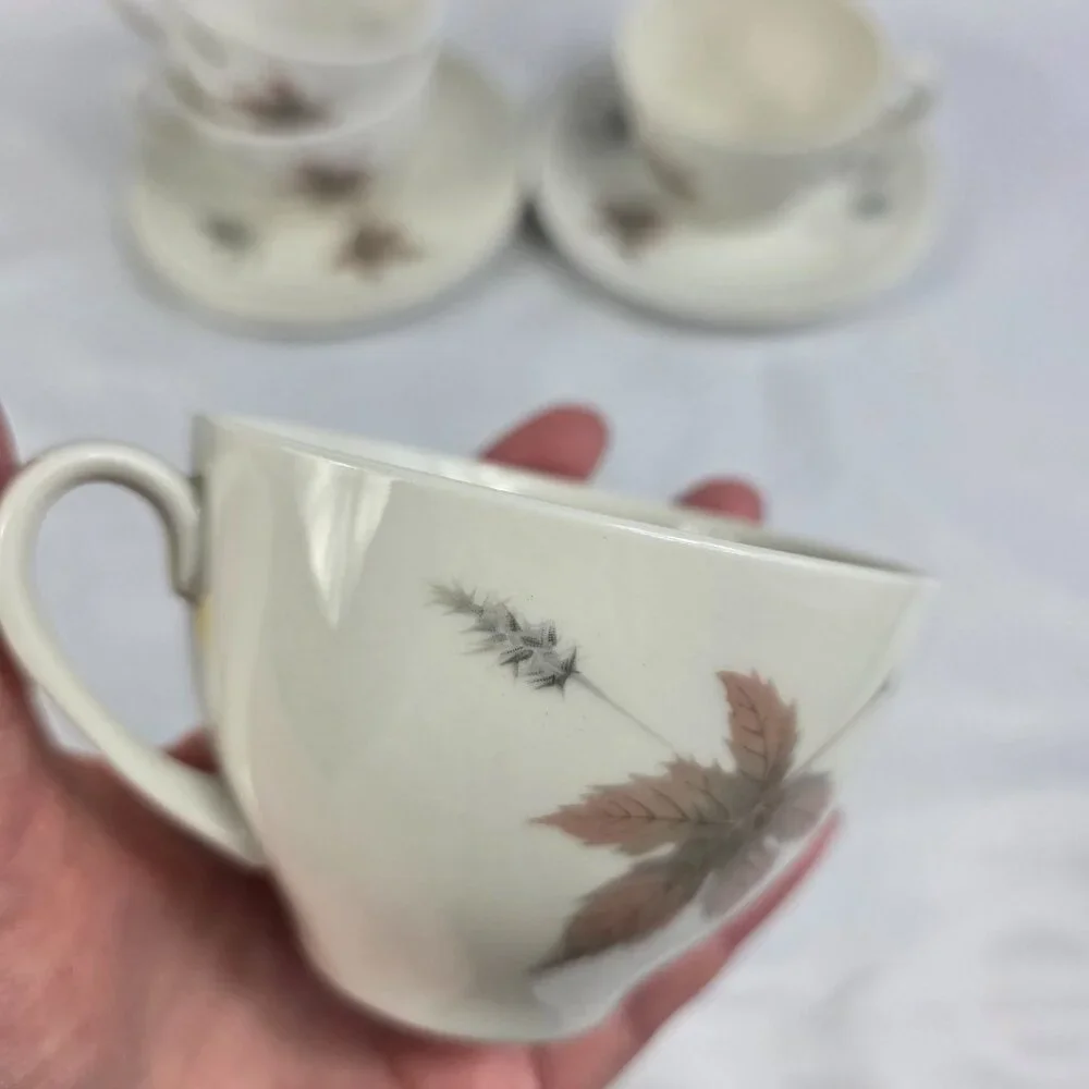 FOUR Royal Doulton Tumbling Leaves Cup & Saucer Sets Gray & Pink Leaves